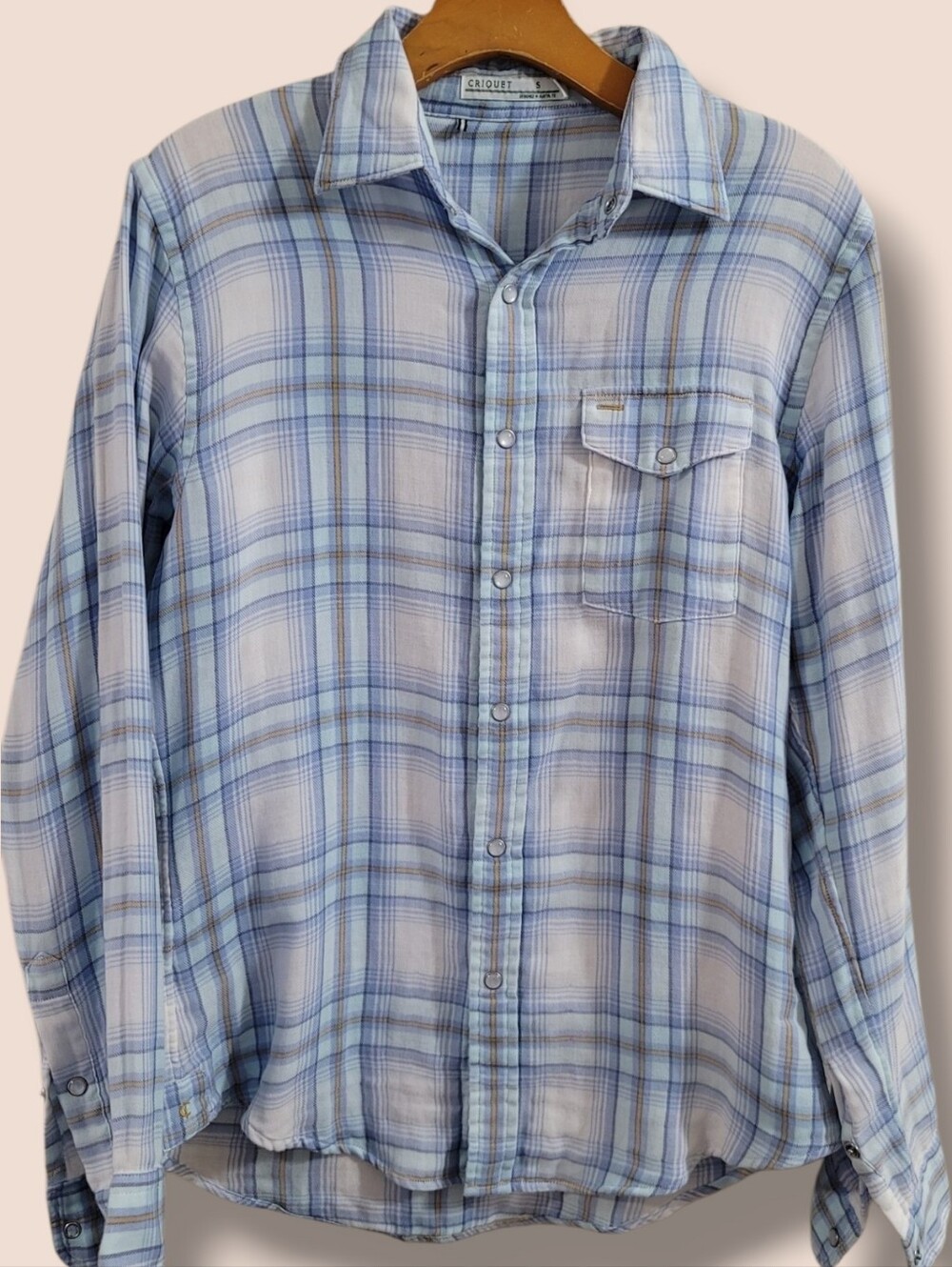 Criquet Double Cloth Flannel Pearl Snap Flannel Button Down Shirt Plaid Blues  S